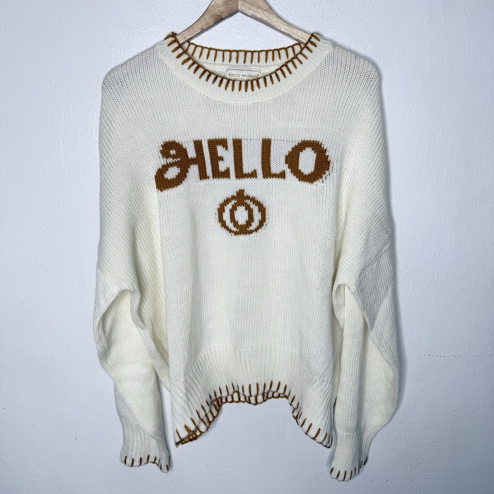 New Simply Southern Imee Hello Fall Pumpkin Knit Sweater Ivory Women's XXL